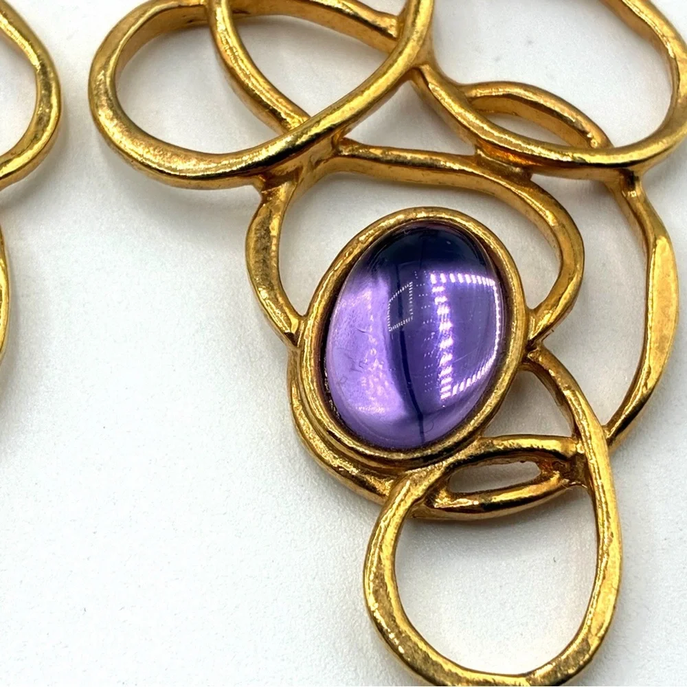 Vintage Avon Golden Web Purple Lucite Cabochon Dangle Modernist Style Earrings